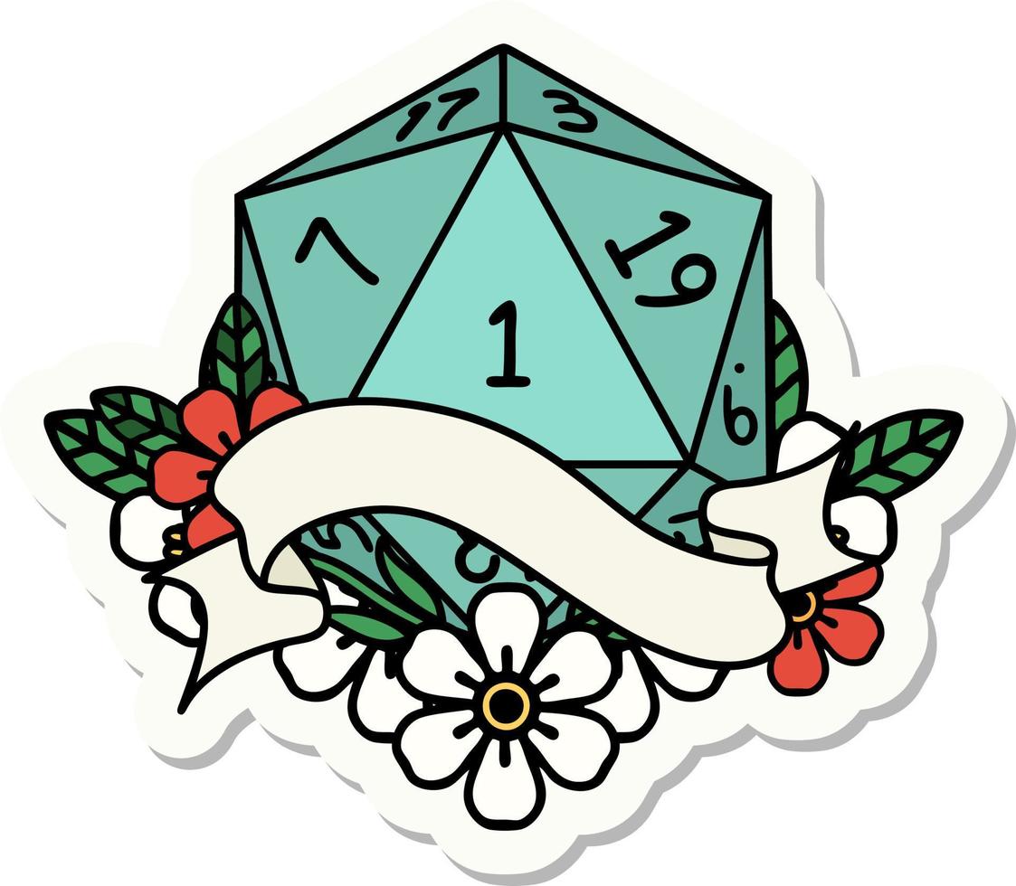 natural one d20 dice roll sticker vector