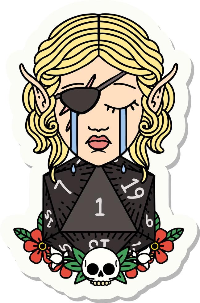 crying elf rogue character face with natural one D20 roll sticker vector