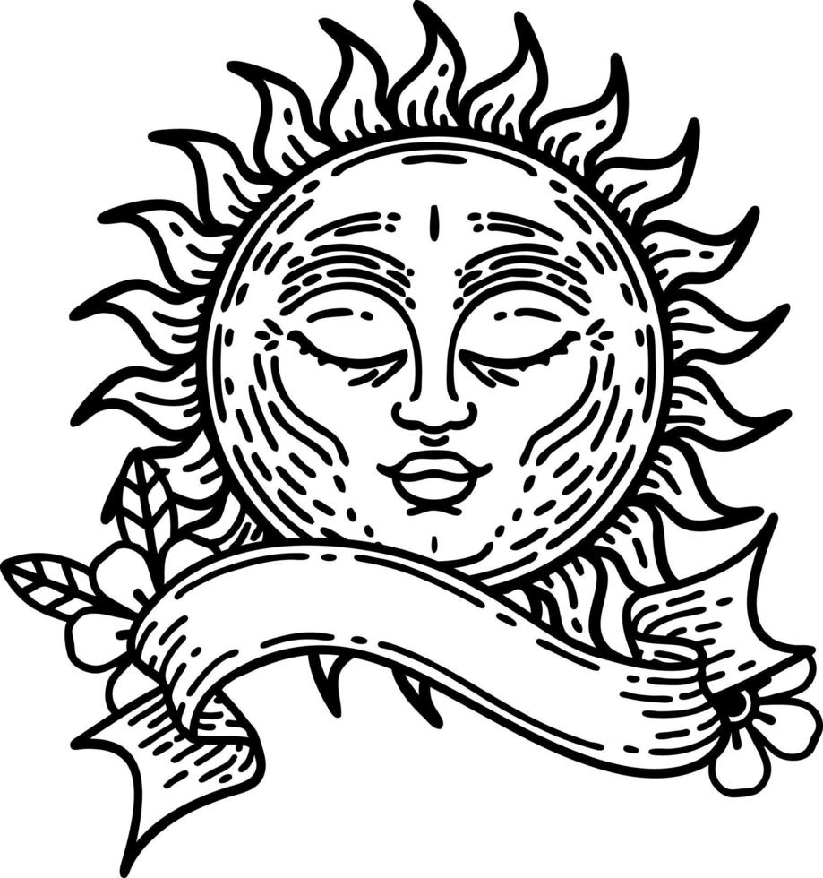 black linework tattoo with banner of a sun vector