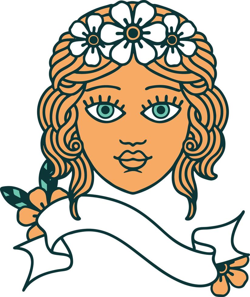 tattoo with banner of female face with crown of flowers vector