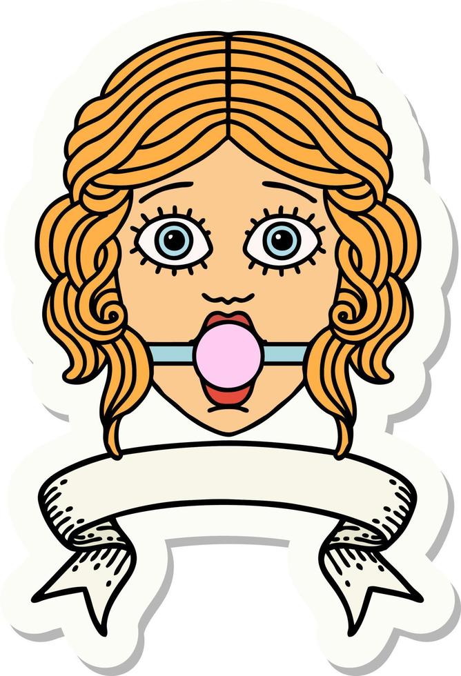 tattoo sticker with banner of female face with ball gag vector