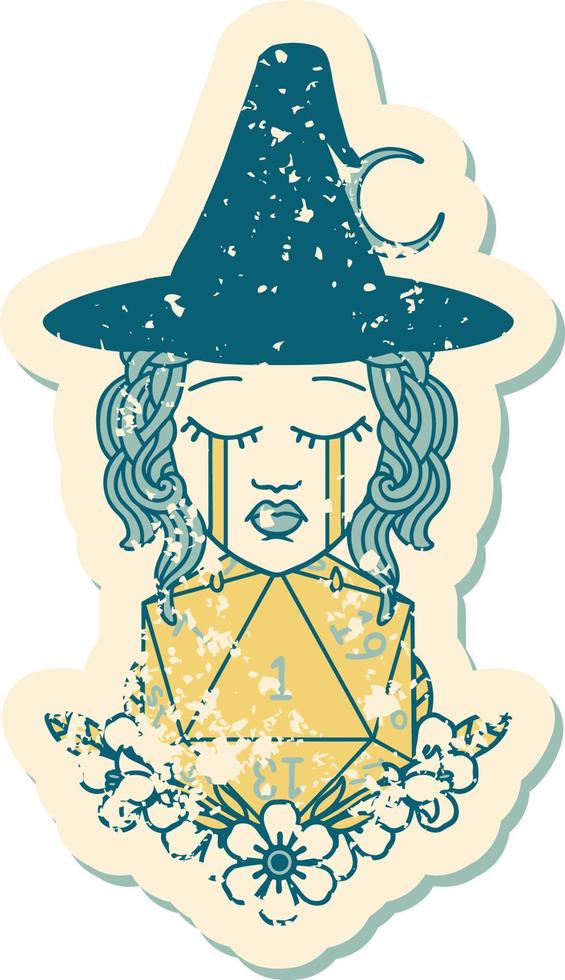 crying human witch with natural one D20 dice roll grunge sticker vector