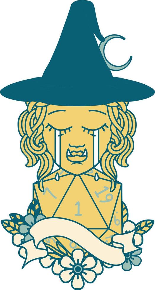 crying orc witch with natural one D20 roll illustration vector