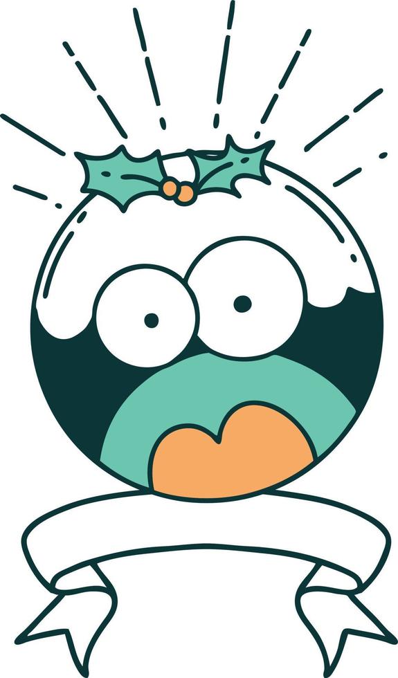 banner with tattoo style shocked christmas pudding vector