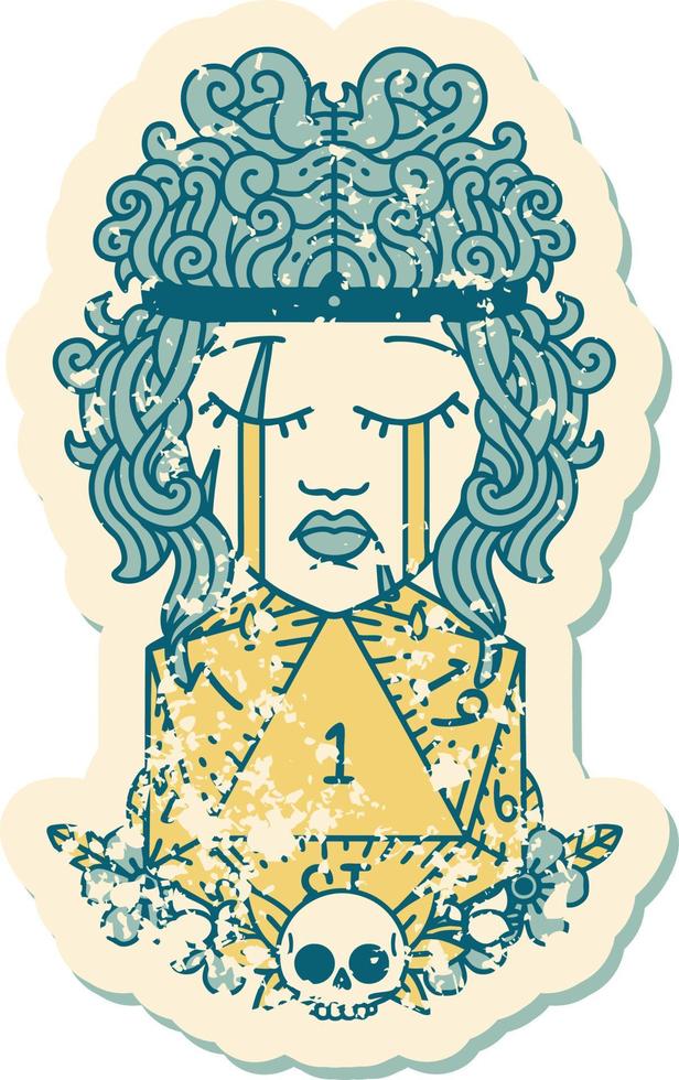 crying human barbarian with natural one D20 roll grunge sticker vector