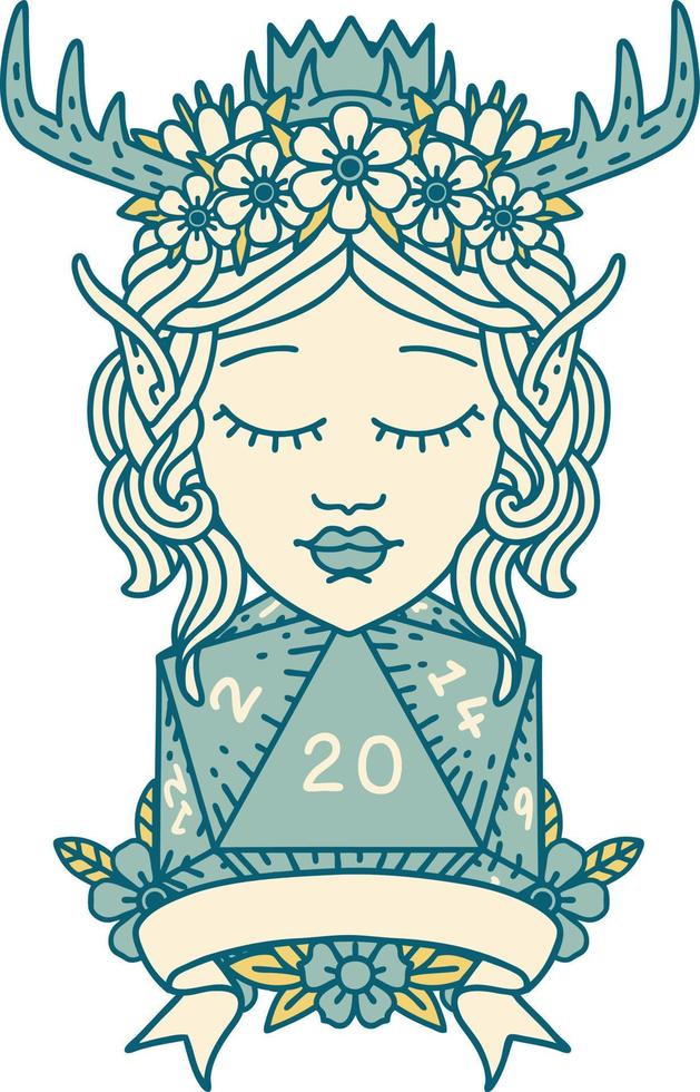 elf druid character with natural 20 dice roll illustration vector