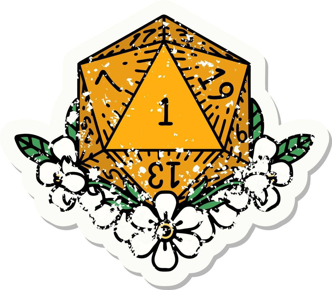 natural one dice roll with floral elements grunge sticker vector