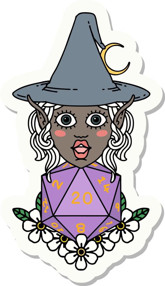 elf mage character with natural twenty dice roll sticker vector