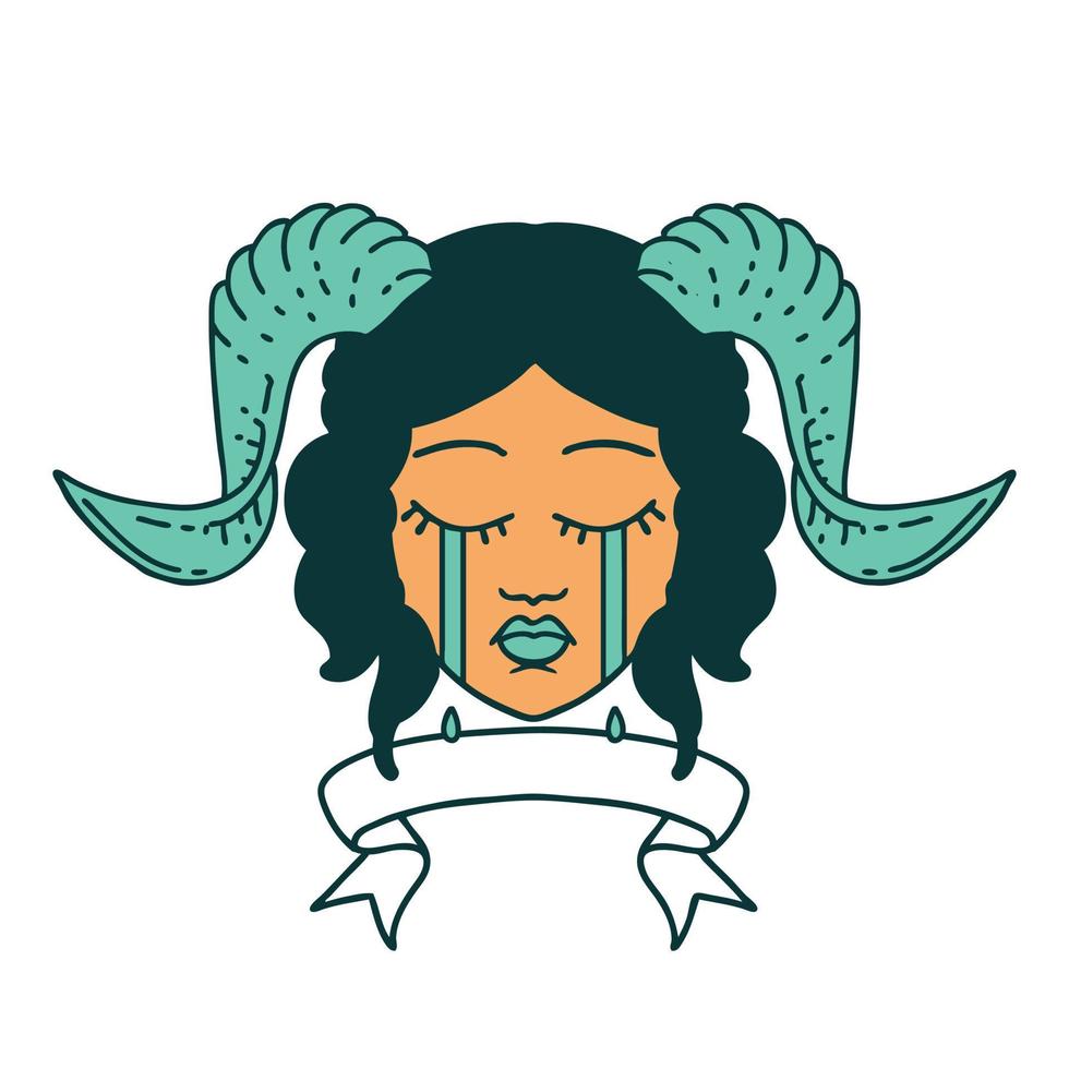 crying tiefling character face with scroll banner icon vector