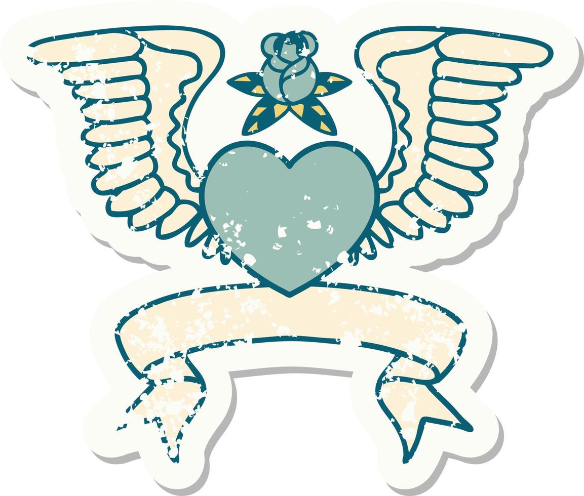 grunge sticker with banner of a heart with wings vector
