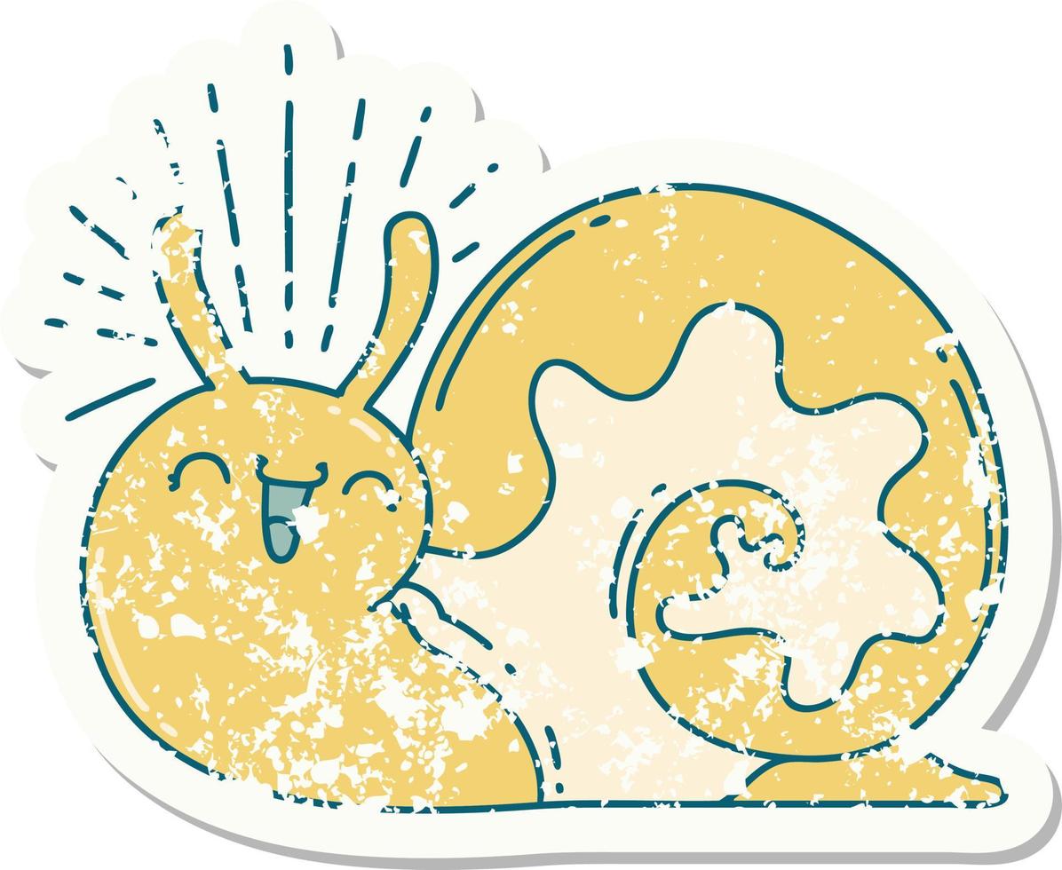 grunge sticker of tattoo style happy snail vector