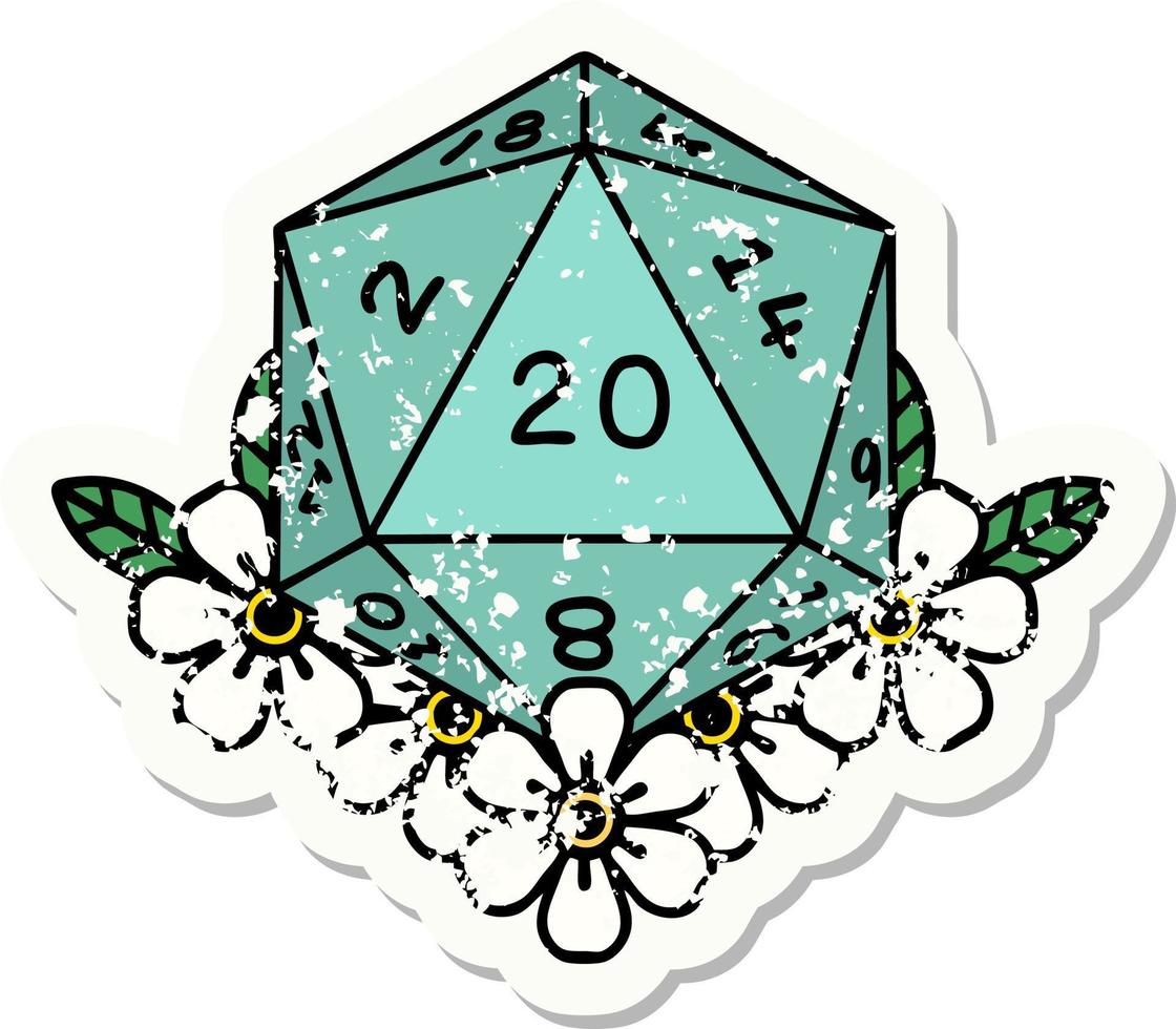 natural 20 D20 dice roll with floral elements grunge sticker vector