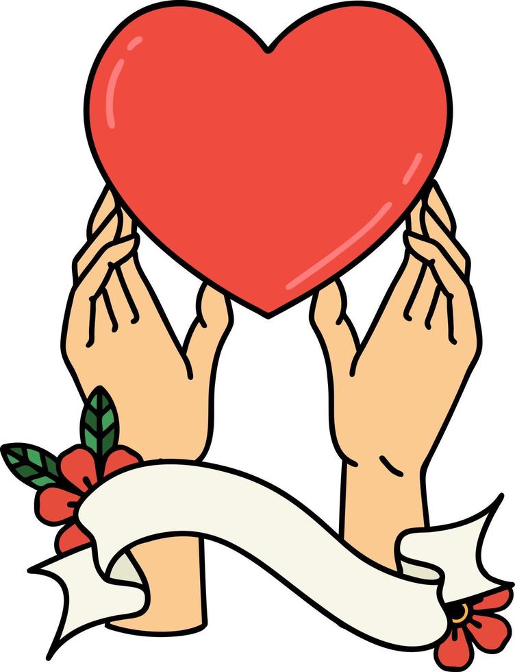 tattoo with banner of a hands reaching for a heart vector