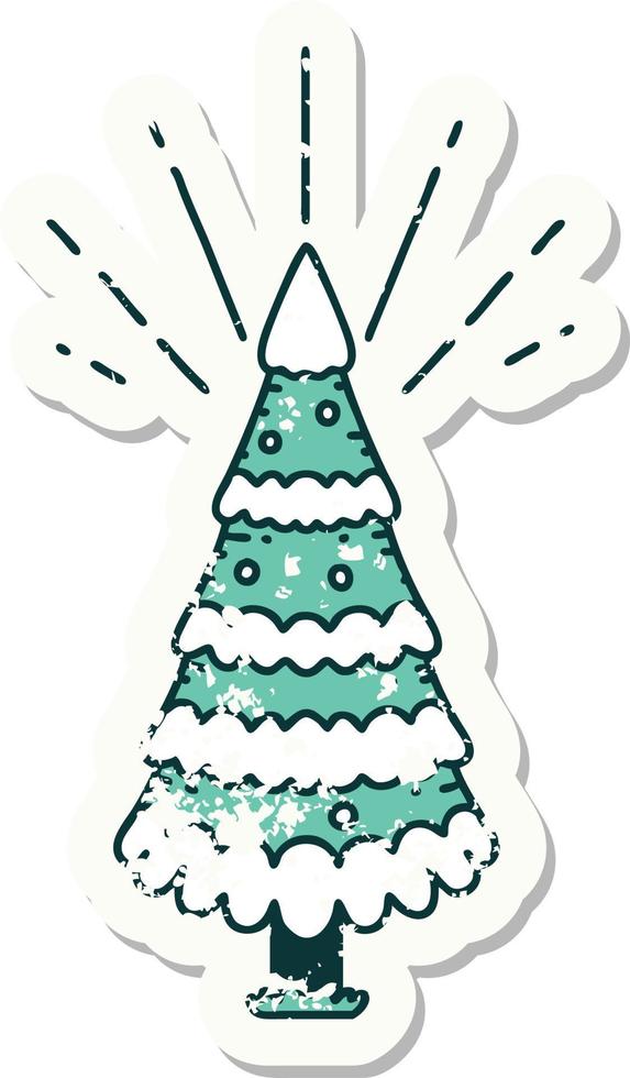grunge sticker of tattoo style snow covered pine tree vector
