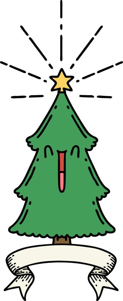 banner con árbol de navidad estilo tatuaje con estrella vector