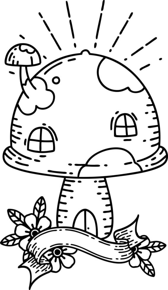 banner with black line work tattoo style toadstool house vector