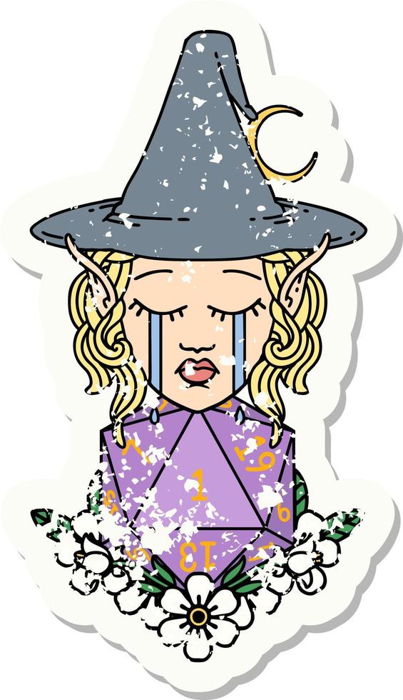 crying elf witch with natural one D20 roll grunge sticker vector