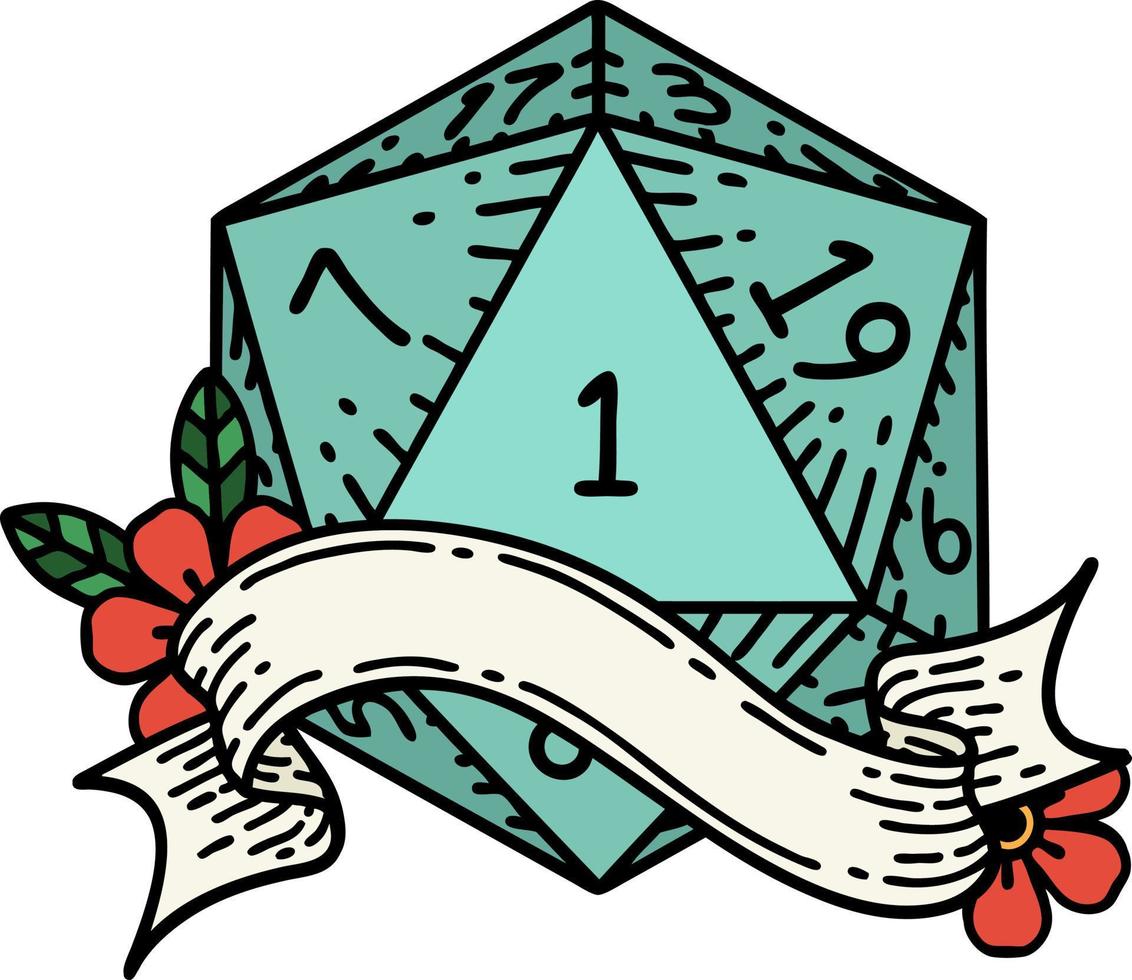 natural one d20 dice roll illustration vector