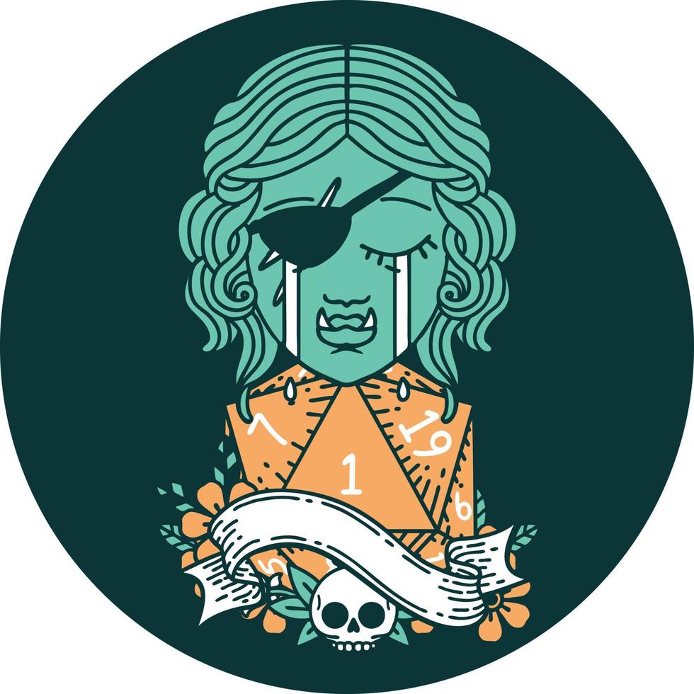 crying orc rogue character face with natural one D20 roll icon vector