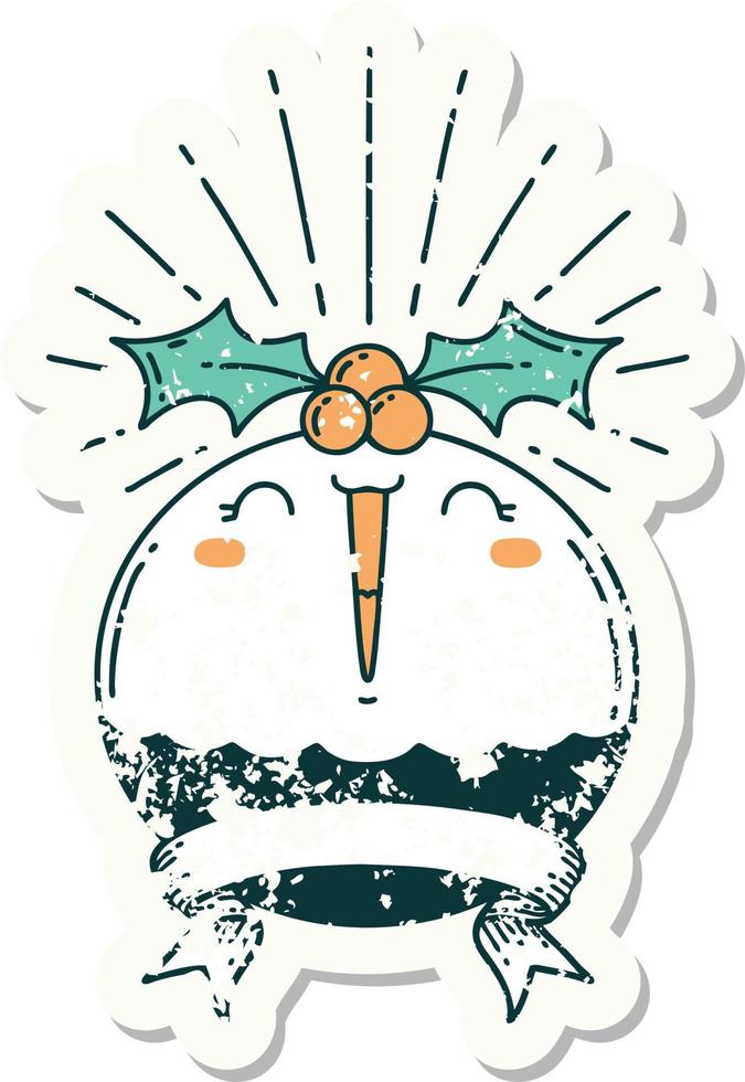 grunge sticker of tattoo style singing christmas pudding vector