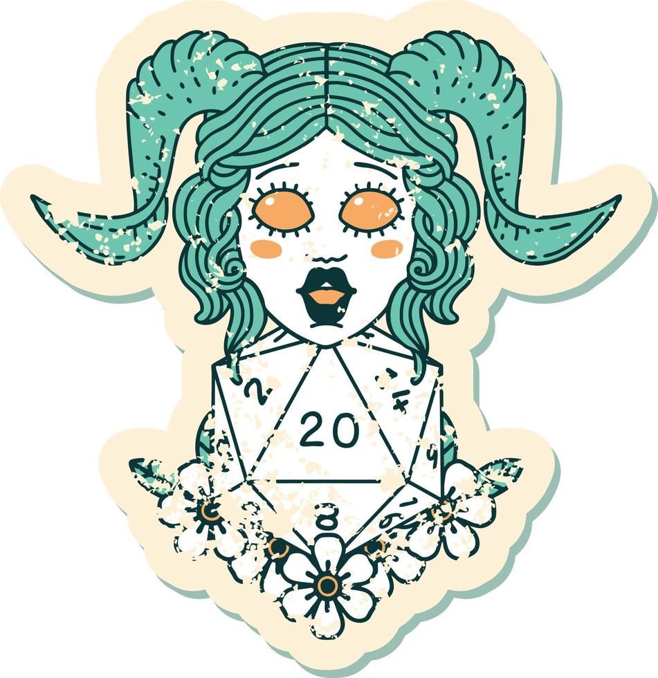 tiefling with natural twenty dice roll grunge sticker vector