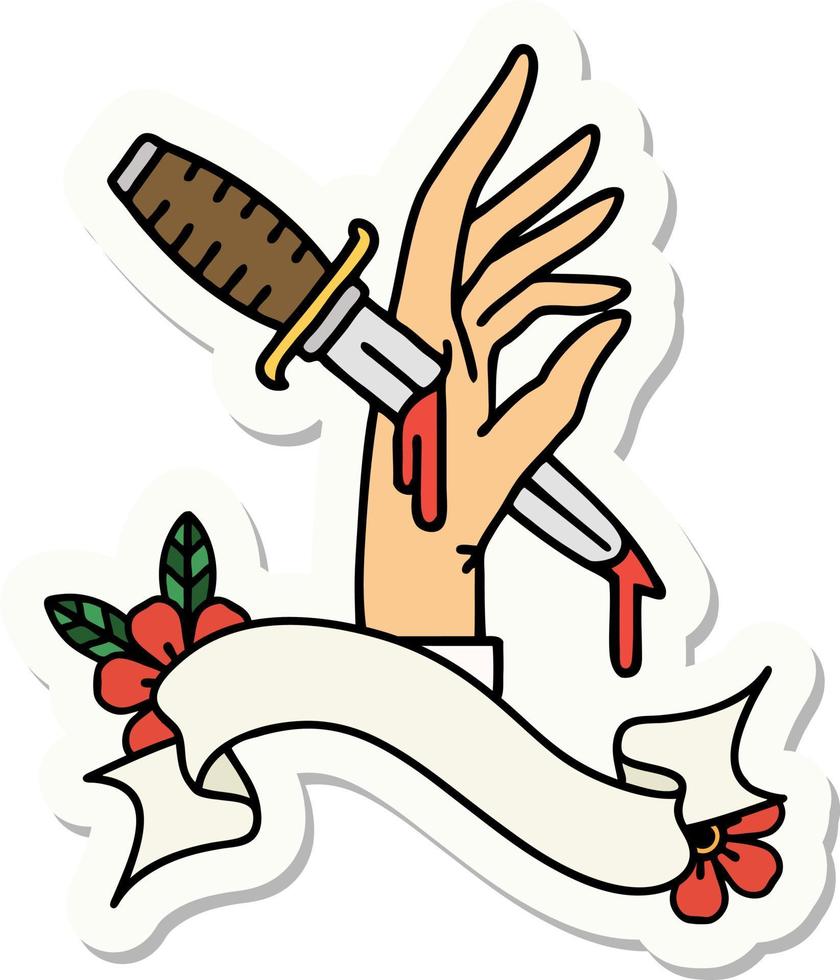 tattoo sticker with banner of a dagger in the hand vector