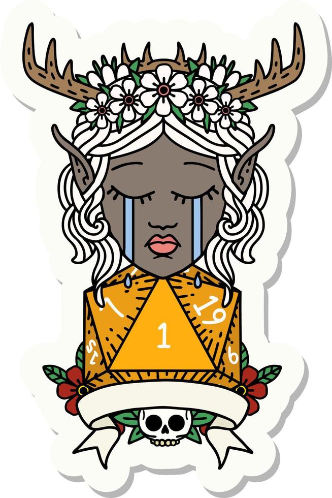 sad elf druid character face with natural one D20 roll sticker vector