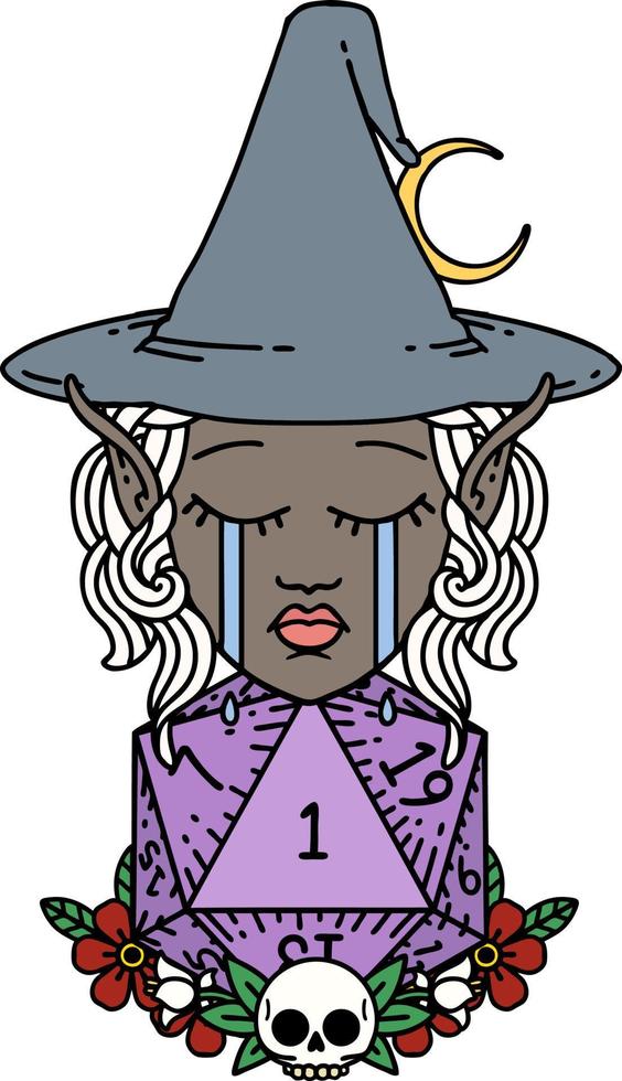 crying elf witch with natural one D20 roll illustration vector