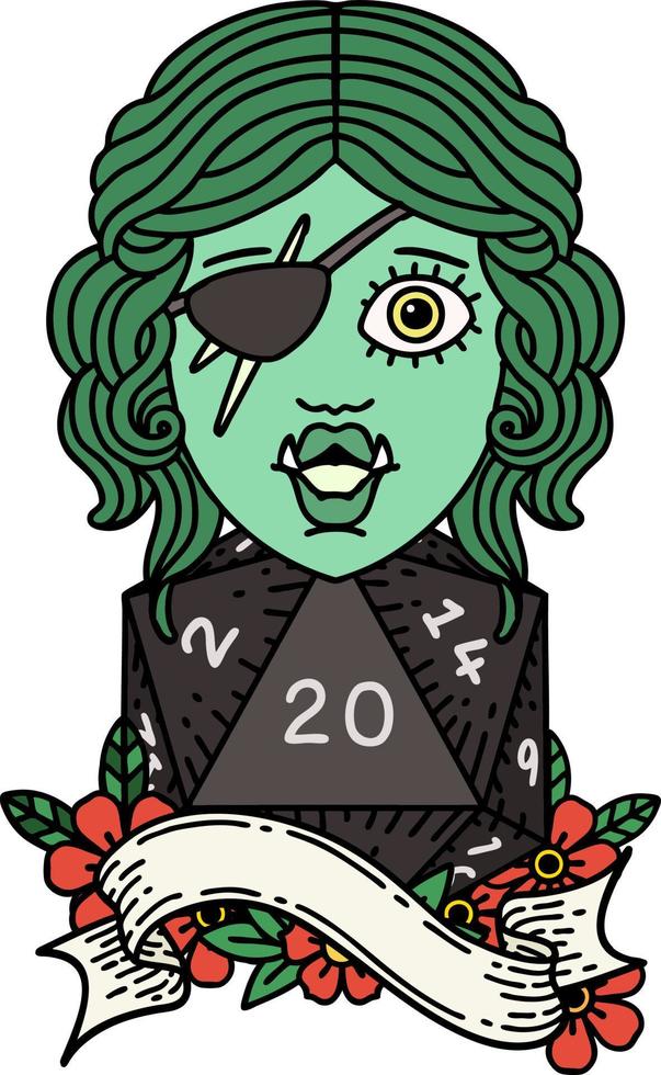 orc rogue character with natural twenty dice roll illustration vector