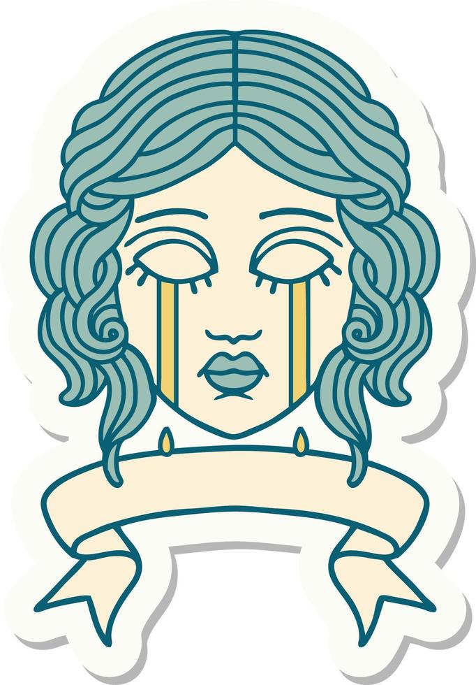 tattoo sticker with banner of female face crying vector