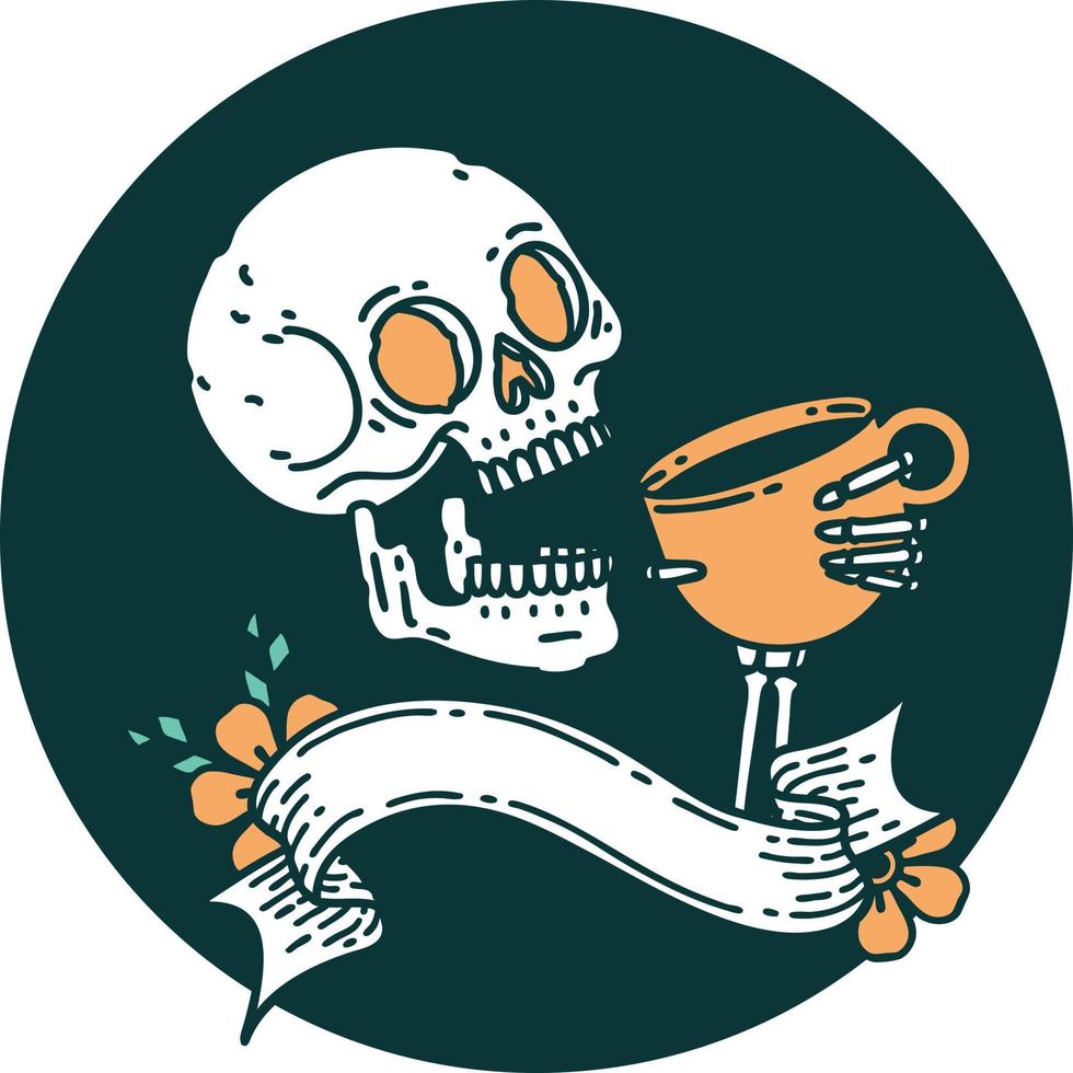 icon with banner of a skull drinking coffee vector