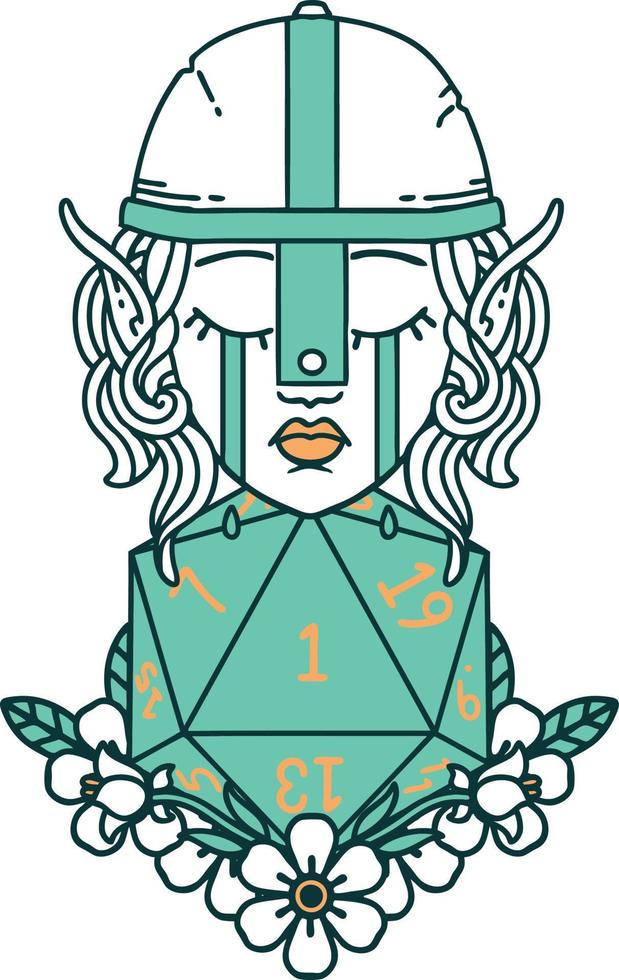 sad elf fighter character with natural one d20 roll illustration vector