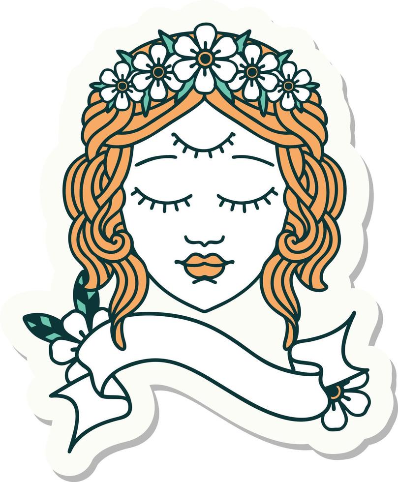 pegatina de tatuaje con pancarta de rostro femenino con tercer ojo vector