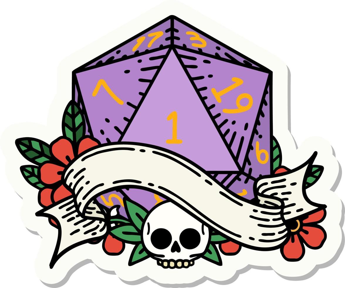 natural one d20 dice roll sticker vector