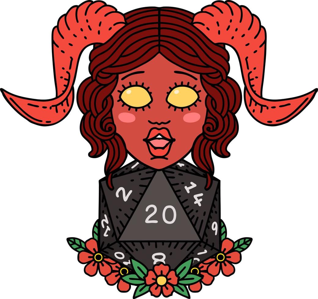 tiefling with natural twenty dice roll illustration vector