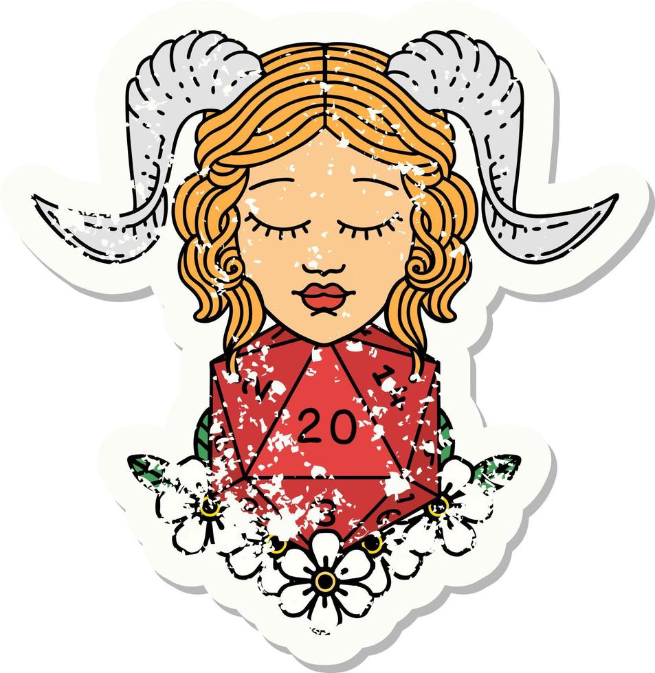 tiefling with natural 20 D20 dice roll grunge sticker vector