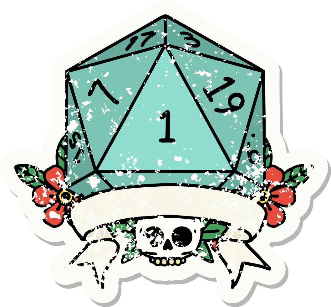 natural one d20 dice roll grunge sticker vector