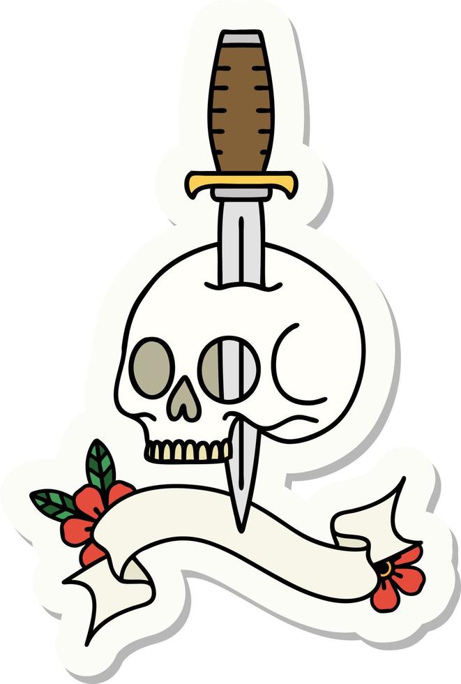tattoo sticker with banner of a skull and dagger vector