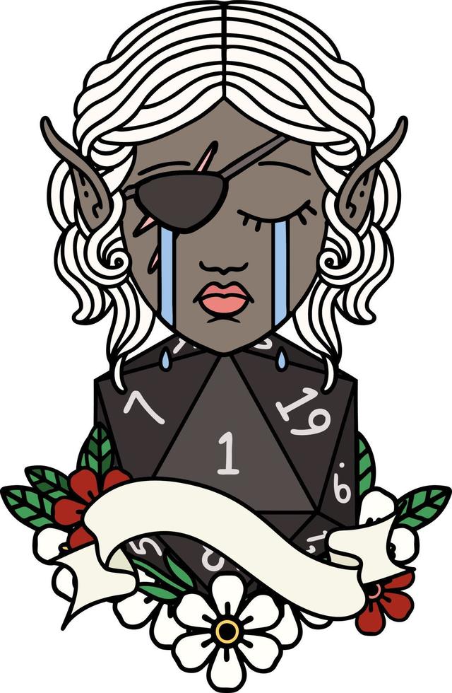 crying elf rogue character face with natural one D20 roll illustration vector