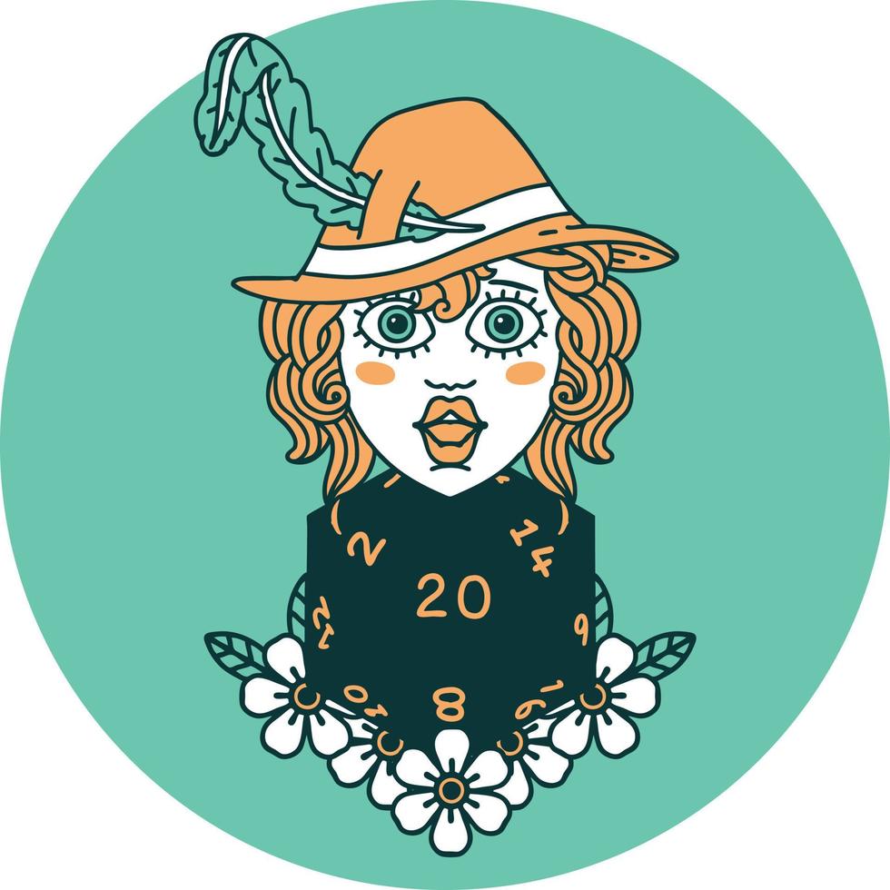 human bard with natural 20 dice roll icon vector