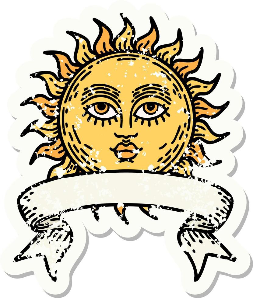 grunge sticker with banner of a sun with face vector