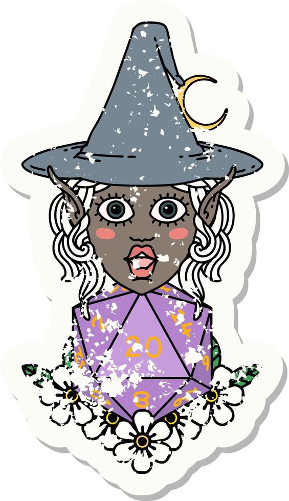 elf mage character with natural twenty dice roll illustration vector