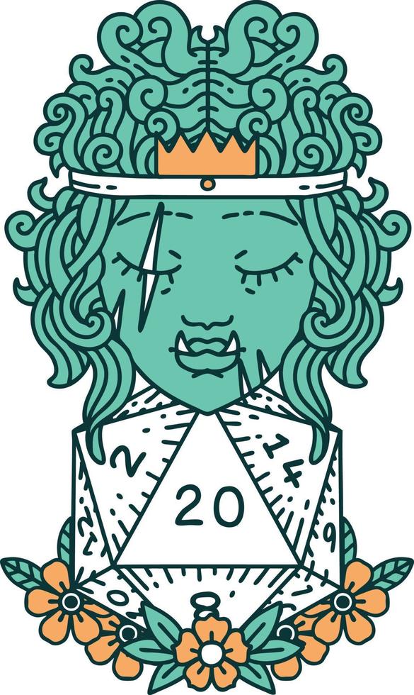 half orc barbarian with natural twenty dice roll illustration vector