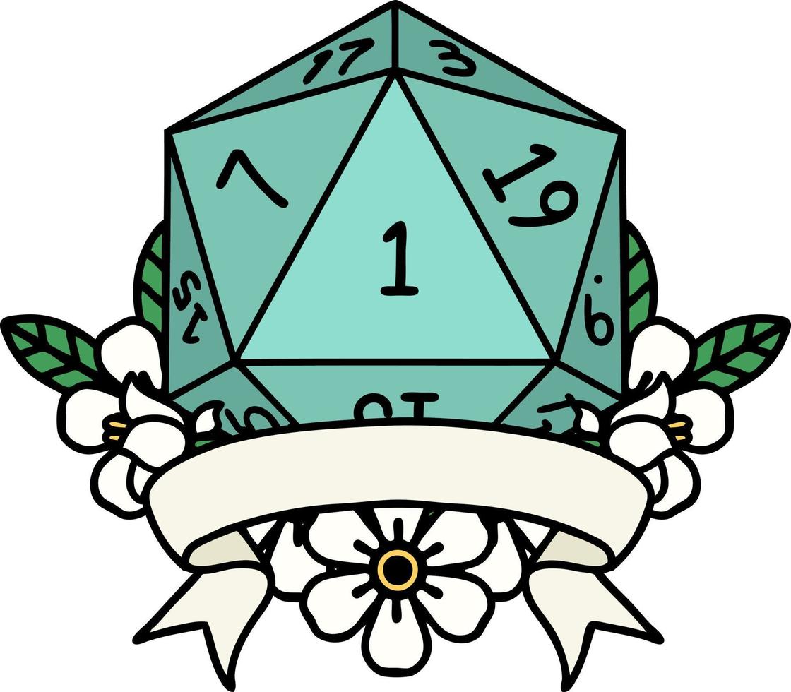 natural one d20 dice roll illustration vector