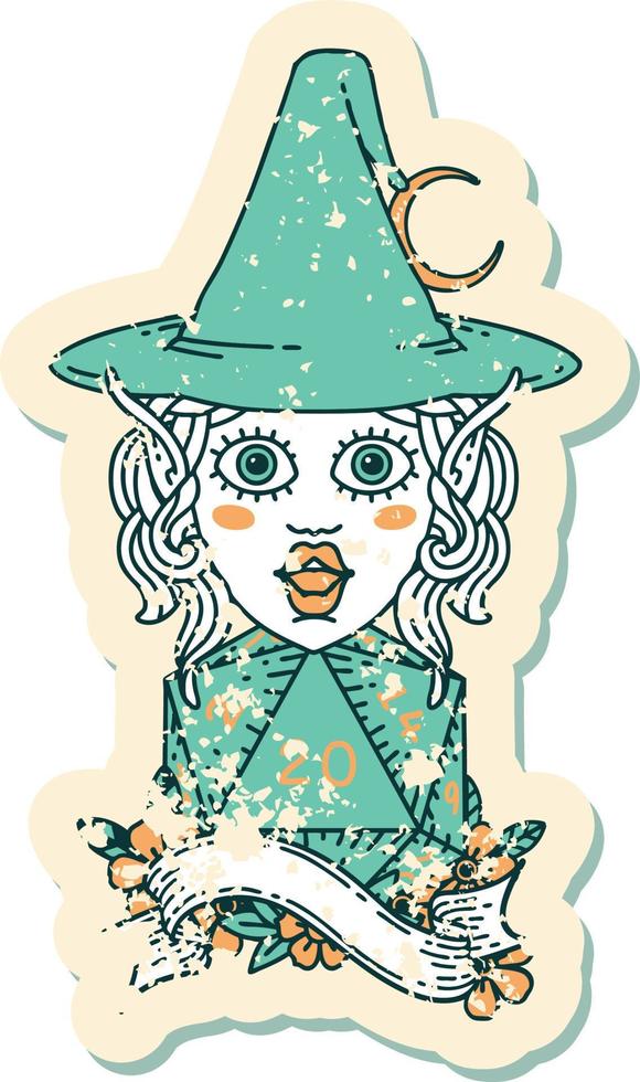 elf mage character with natural twenty dice roll illustration vector