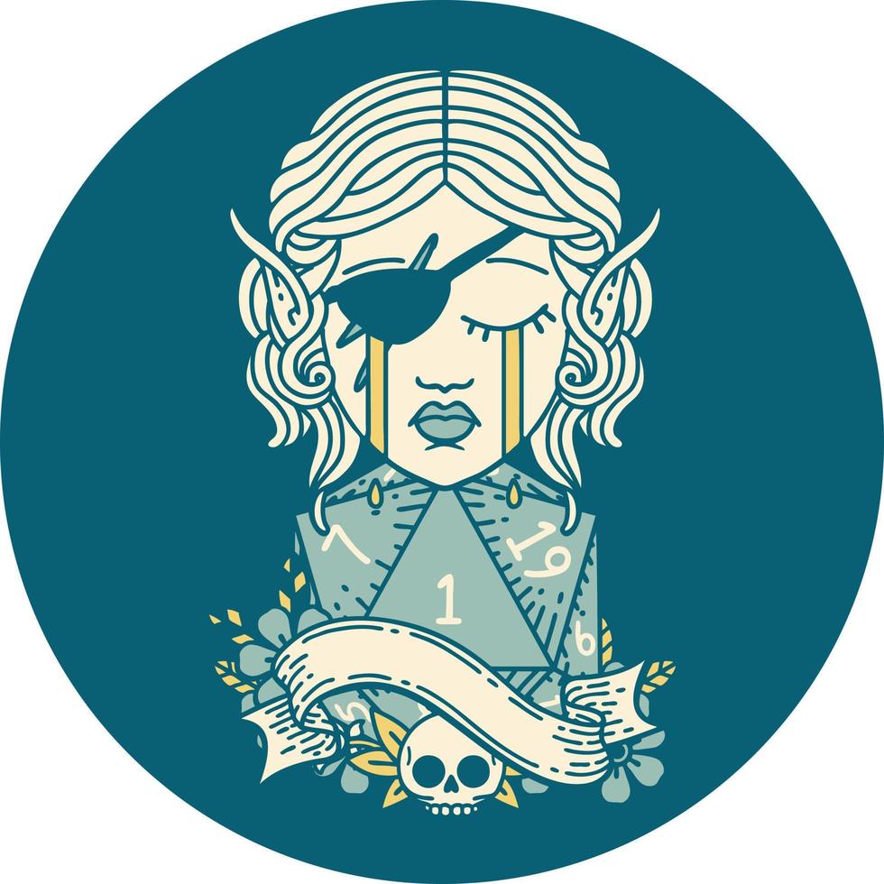 sad elf rogue character face with natural one d20 roll illustration vector