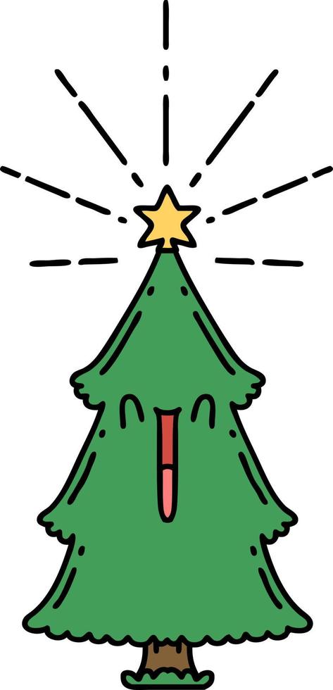 árbol de navidad estilo tatuaje tradicional con estrella vector