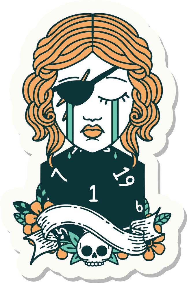 crying human rogue with natural one D20 roll sticker vector