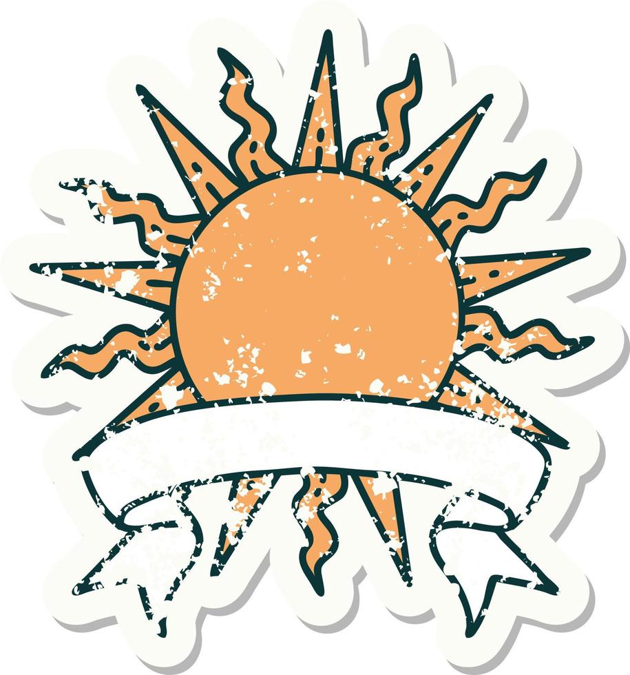 grunge sticker with banner of a sun vector