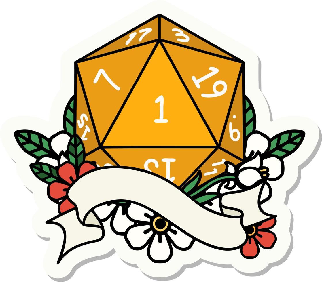 natural one d20 dice roll sticker vector